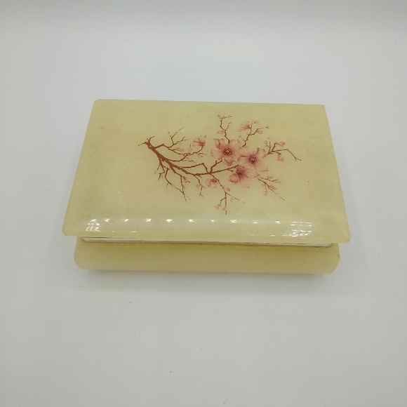 Hand Crafted Italian Alabaster Cherry Blossom Trinket Box Jewelry Box MC Vtg